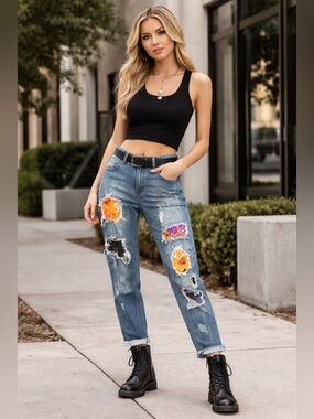 Upcycled Denim HALLOWEEN Woman’s Distressed Special A Jean Refashioned Patchwork